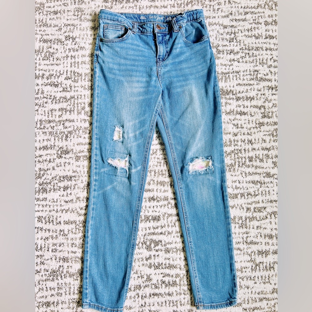 Cat & Jack Girl’s Light Wash Distressed Skinny Jeans with Flip Sequins Girl’s 14 - Picture 3 of 9